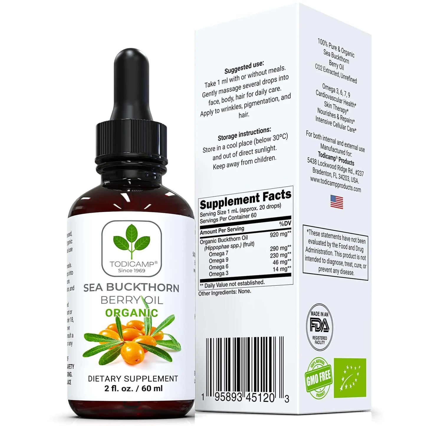 Sea Buckthorn Oil Organic 2 fl oz Cold Pressed Sea Buckthorn Berry Oil