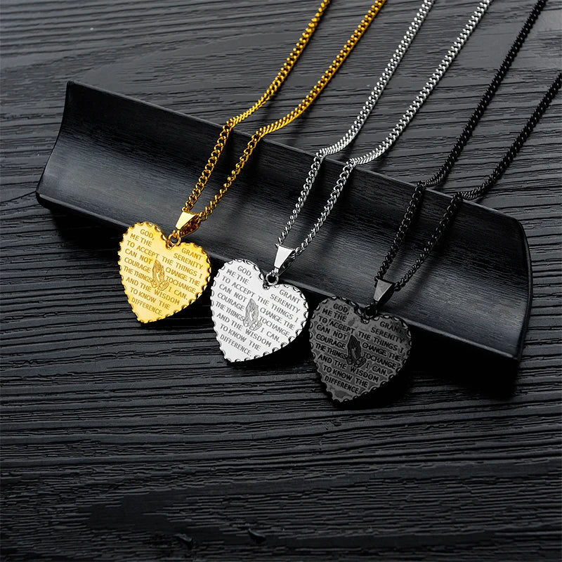 Heart Bible Scripture Prayer Necklace For Men Christian Stainless Steel Pendant Jewelry Retro Praying Hands Pendant Necklaces