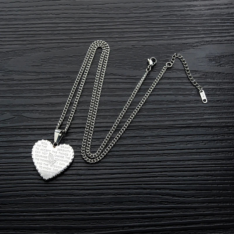 Heart Bible Scripture Prayer Necklace For Men Christian Stainless Steel Pendant Jewelry Retro Praying Hands Pendant Necklaces