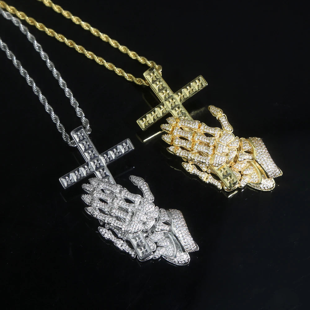 Wholesale Hip Hop Icde Cubic Zirconia CZ Iced Out Praying Hands Cross Necklaces Pendants For Men Jewelry With Twist Rope Chain