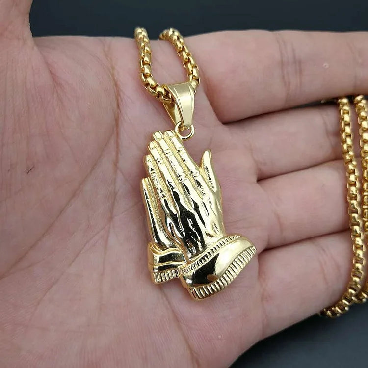 Hip Hop Iced Out Bling Praying Hands Men Stainless steel Pendants Necklaces Gold Color Big Prayer Jesus Necklace Jewelry