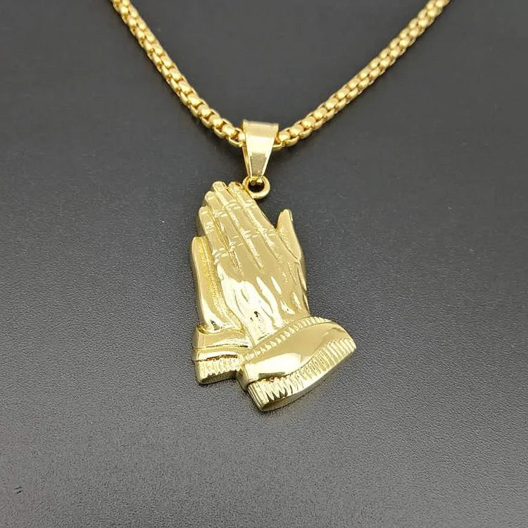 Hip Hop Iced Out Bling Praying Hands Men Stainless steel Pendants Necklaces Gold Color Big Prayer Jesus Necklace Jewelry