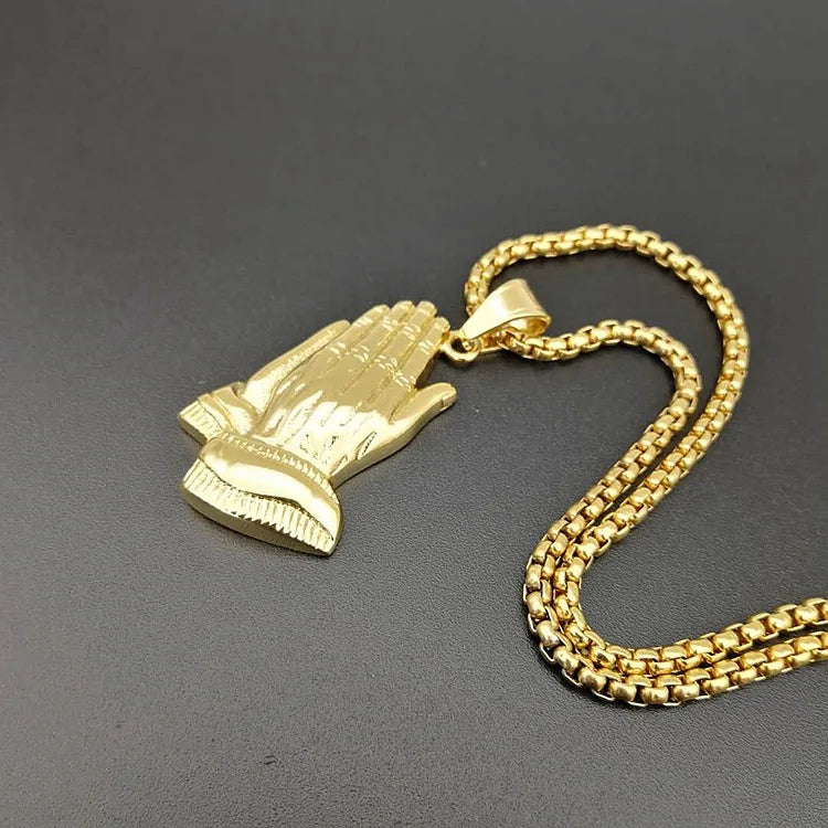 Hip Hop Iced Out Bling Praying Hands Men Stainless steel Pendants Necklaces Gold Color Big Prayer Jesus Necklace Jewelry