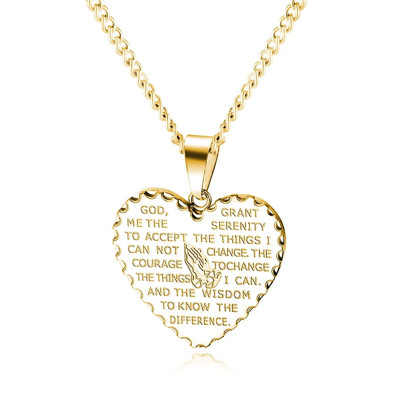 Heart Bible Scripture Prayer Necklace For Men Christian Stainless Steel Pendant Jewelry Retro Praying Hands Pendant Necklaces