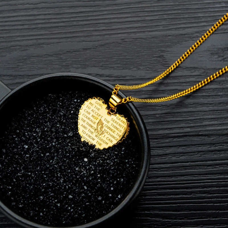 Heart Bible Scripture Prayer Necklace For Men Christian Stainless Steel Pendant Jewelry Retro Praying Hands Pendant Necklaces