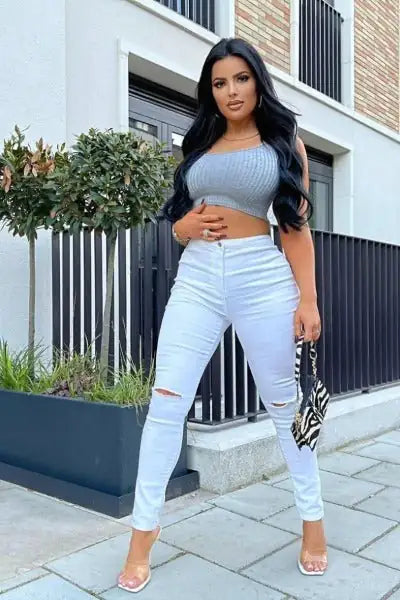 WHITE KNEE SLASH HIGH WAISTED JEGGING