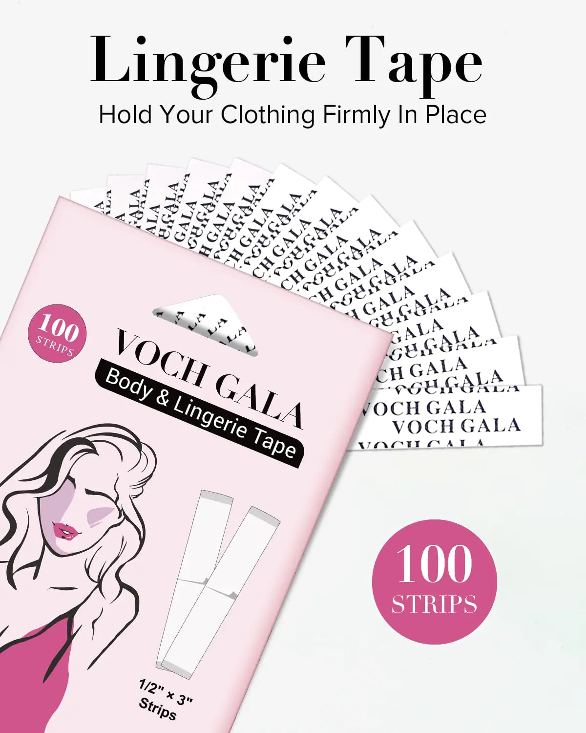 VOCH GALA 100 Strips Double Sided Tape for Fashion and Clothes, Waterproof Fashion Clothing Tape, Fabric Tape to Skin, Strong Adhesive Body Tape, Clear Transparent for All Skin Shades