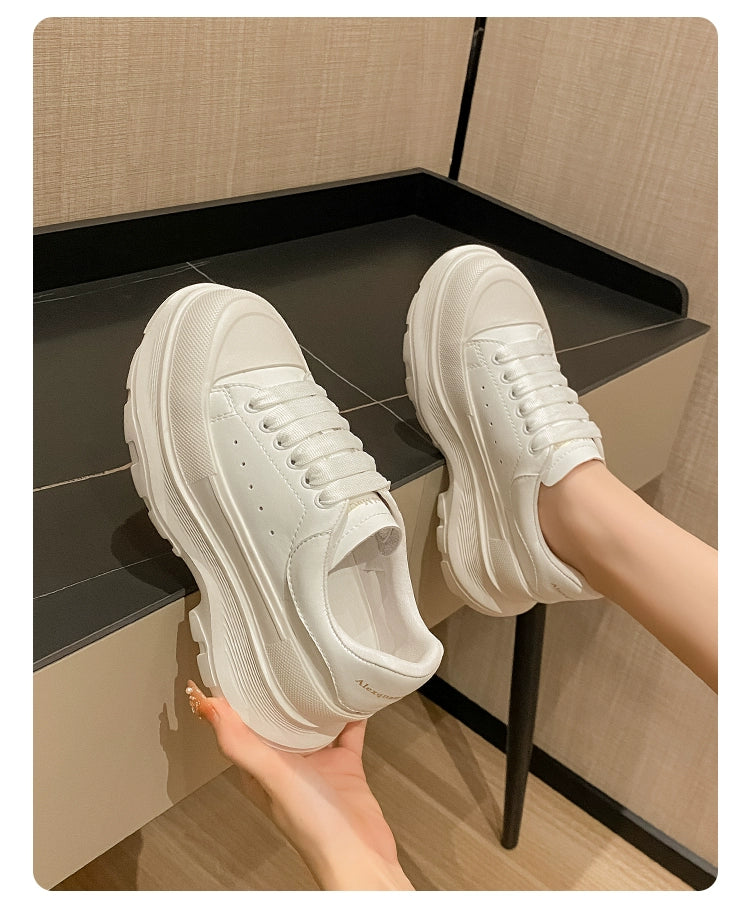 Genuine Leather Spring Platform Shoes Thick Sole Athleisure White Shoes