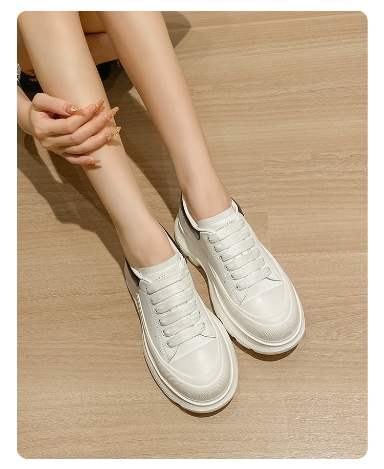 Genuine Leather Spring Platform Shoes Thick Sole Athleisure White Shoes