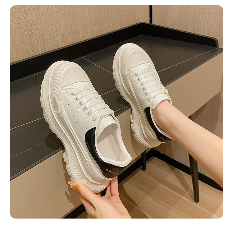 Genuine Leather Spring Platform Shoes Thick Sole Athleisure White Shoes