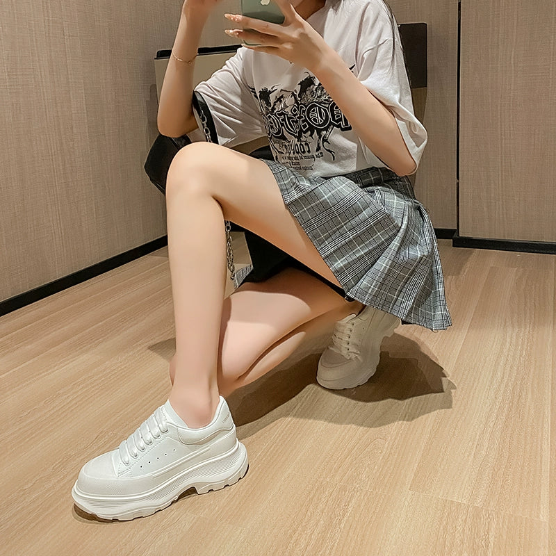 Genuine Leather Spring Platform Shoes Thick Sole Athleisure White Shoes