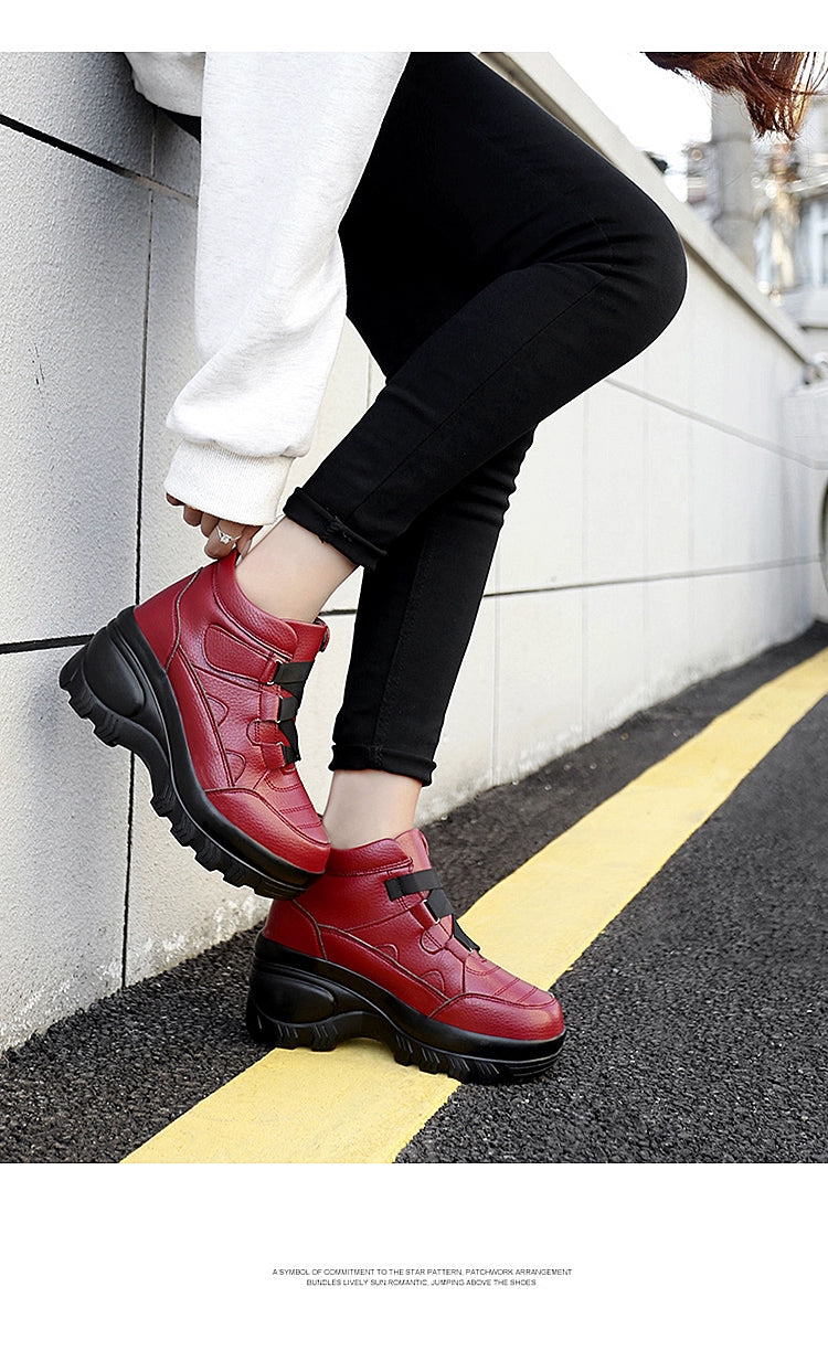 Outdoor Platform Height Increasing Shoes Women's High-Top Shoes Leather Waterproof Travel Shoes 8cm Platform Shoes High Heels Travel Shoes for Women