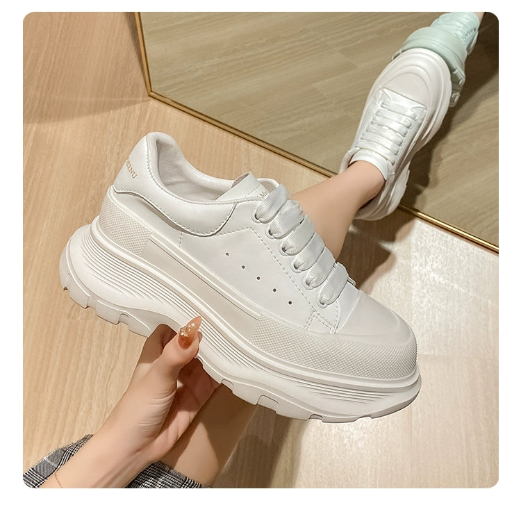Genuine Leather Spring Platform Shoes Thick Sole Athleisure White Shoes