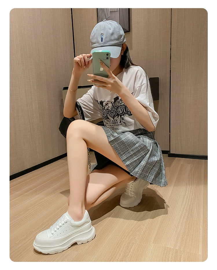 Genuine Leather Spring Platform Shoes Thick Sole Athleisure White Shoes