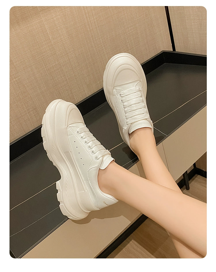 Genuine Leather Spring Platform Shoes Thick Sole Athleisure White Shoes