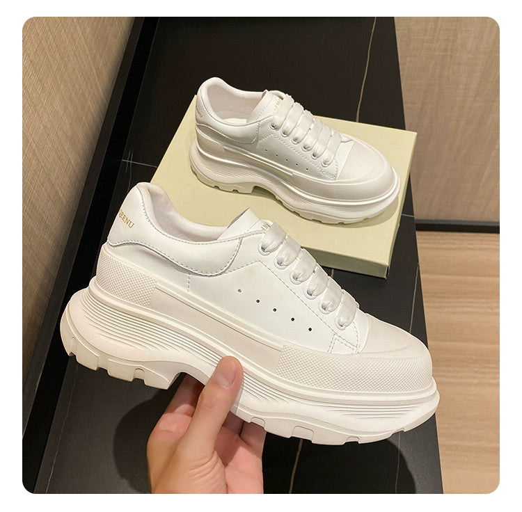 Genuine Leather Spring Platform Shoes Thick Sole Athleisure White Shoes