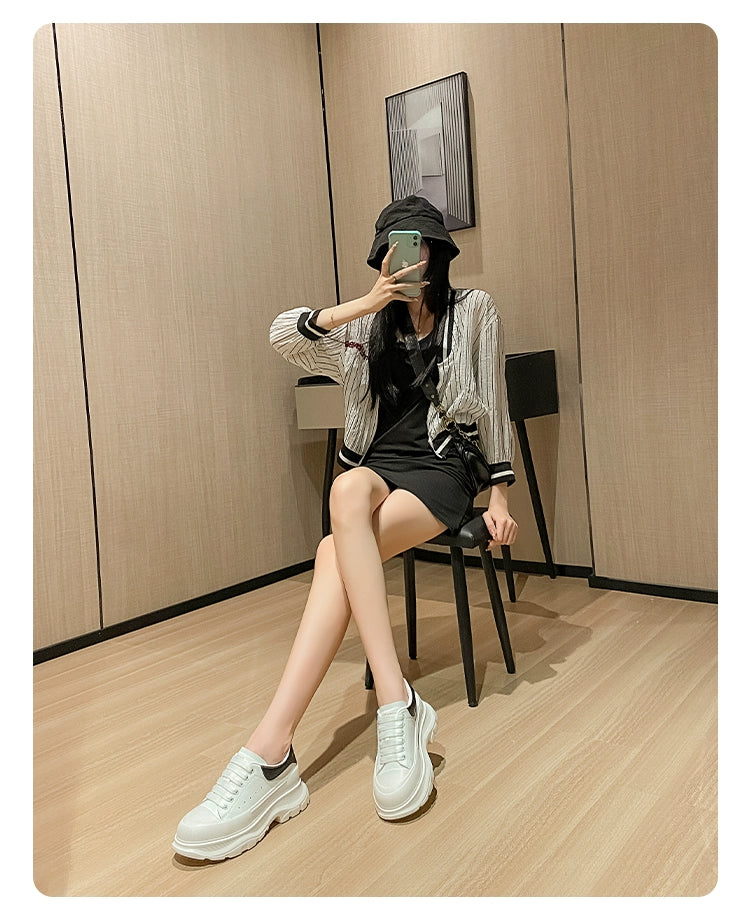 Genuine Leather Spring Platform Shoes Thick Sole Athleisure White Shoes