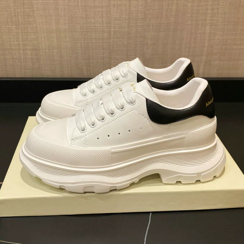 Genuine Leather Spring Platform Shoes Thick Sole Athleisure White Shoes