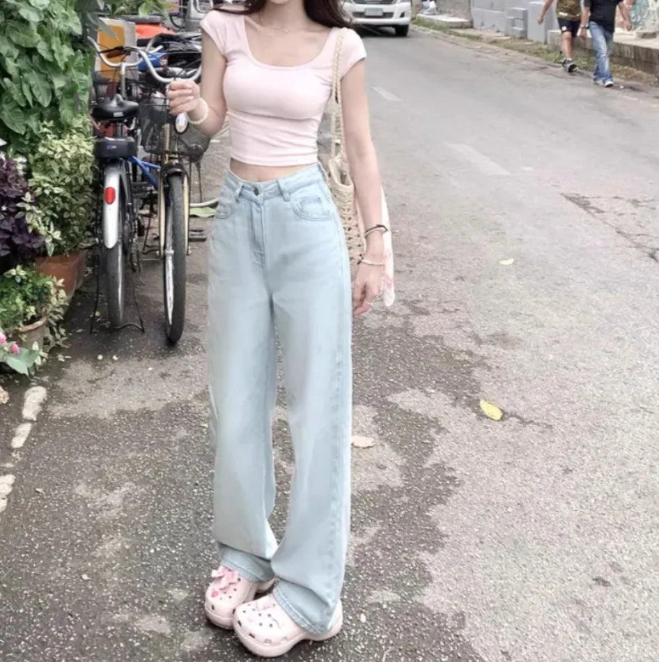 Ballet Embroidery Light Blue Wide-Leg Jeans