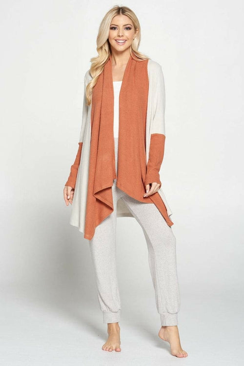 Open Front Draped Cardigan with Color Block Sleeve Detail