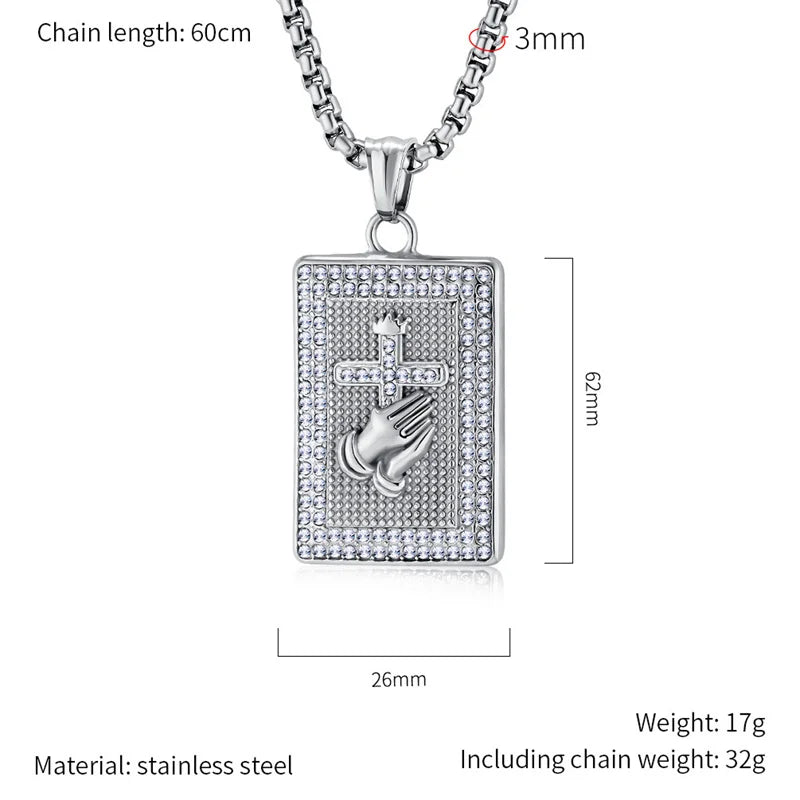 Hiphop Stainless Steel Praying Hands Cross Necklace For Men Iced Out Zircon Geometric Pendant Collar Hombre