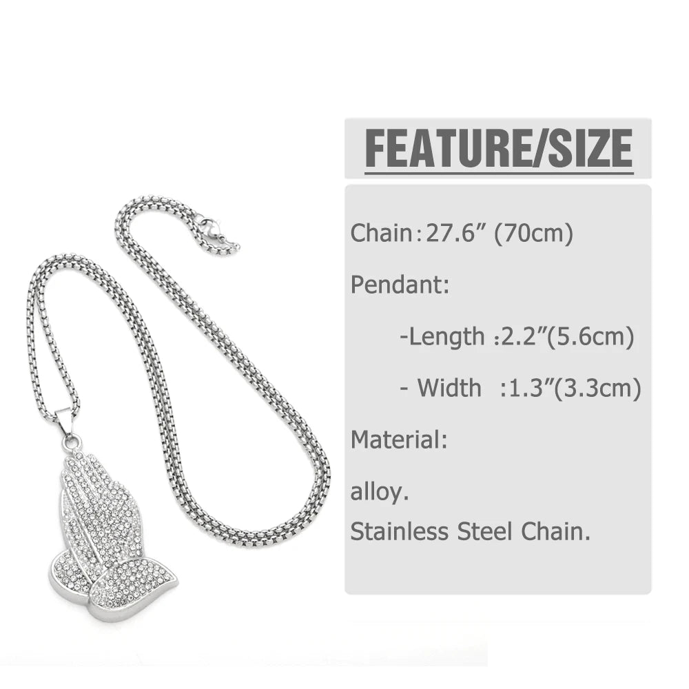 Mans Zinc alloy Heart of Faith Praying Hand Necklace Stainless Steel Box Chain Hip Hop Pendant Jewelry Gift nkeb242