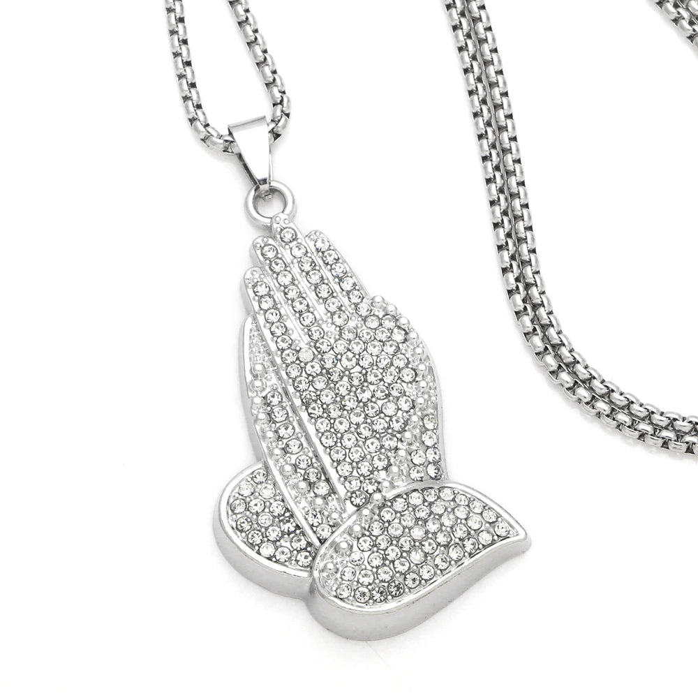 Mans Zinc alloy Heart of Faith Praying Hand Necklace Stainless Steel Box Chain Hip Hop Pendant Jewelry Gift nkeb242