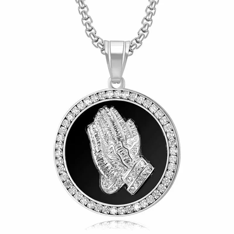Hip Hop Bling Iced Out Rhinestone Gold Silver Color Stainless Steel Praying Hand Round Pendants Necklace for Men Rapper Jewelry