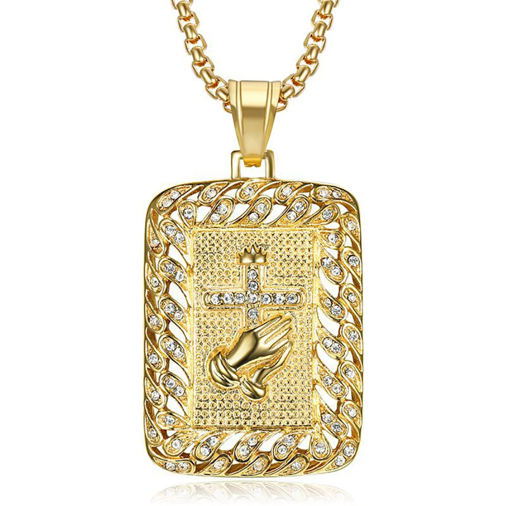 Religious Square Praying Hands Cross Pendant Necklace for Women/Men Gold Color Stainless Steel Christian Necklaces Male Jewelry