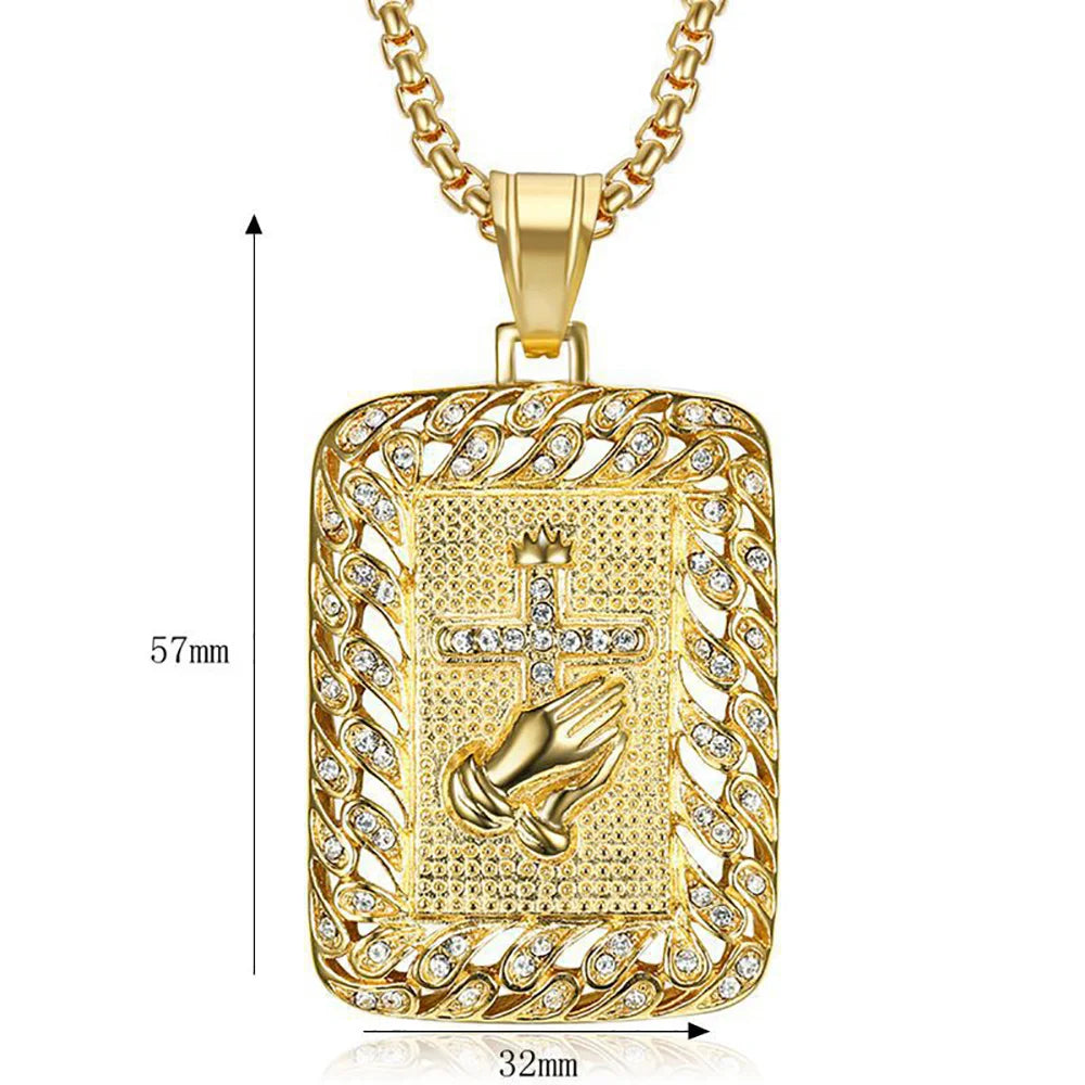Hip Hop Iced Out Praying Hands Cross Pendant Gold Color Stainless Steel Christian Necklace for Women Men Religious Jewelry Gift