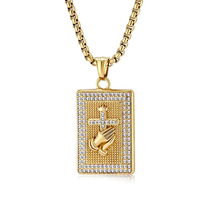 Hiphop Stainless Steel Praying Hands Cross Necklace For Men Iced Out Zircon Geometric Pendant Collar Hombre