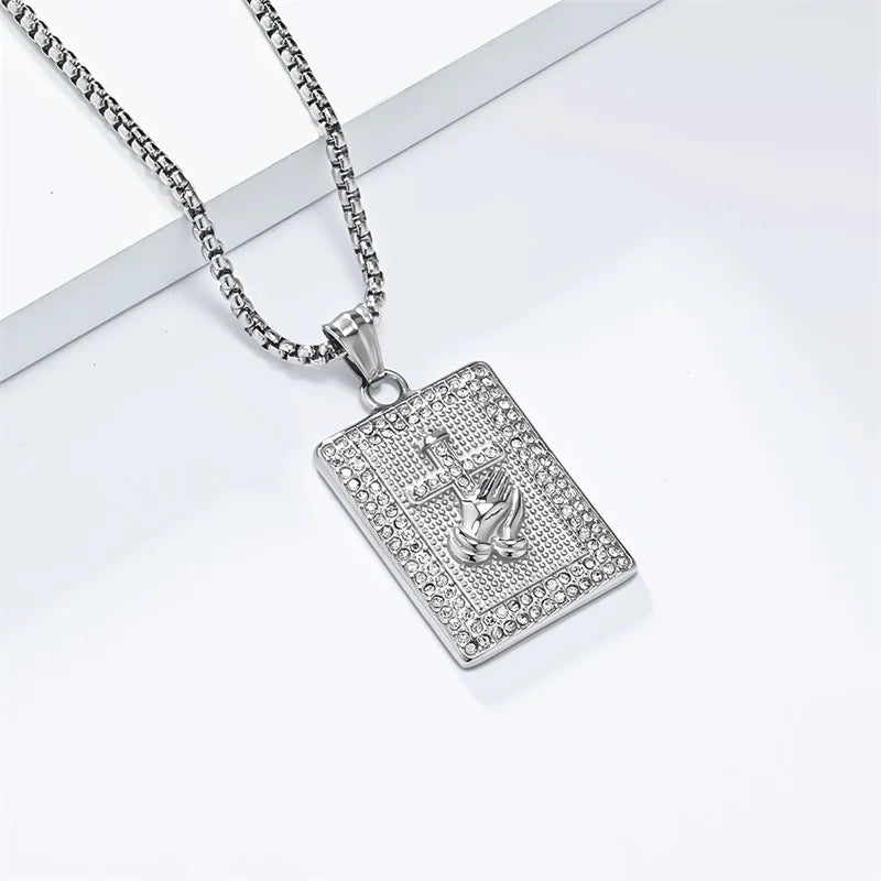 Hiphop Stainless Steel Praying Hands Cross Necklace For Men Iced Out Zircon Geometric Pendant Collar Hombre
