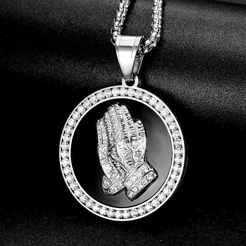 Hip Hop Bling Iced Out Rhinestone Gold Silver Color Stainless Steel Praying Hand Round Pendants Necklace for Men Rapper Jewelry