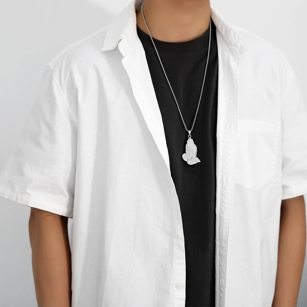 Mans Zinc alloy Heart of Faith Praying Hand Necklace Stainless Steel Box Chain Hip Hop Pendant Jewelry Gift nkeb242