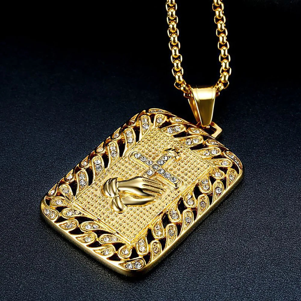 Hip Hop Iced Out Praying Hands Cross Pendant Gold Color Stainless Steel Christian Necklace for Women Men Religious Jewelry Gift