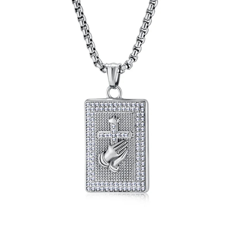 Hiphop Stainless Steel Praying Hands Cross Necklace For Men Iced Out Zircon Geometric Pendant Collar Hombre