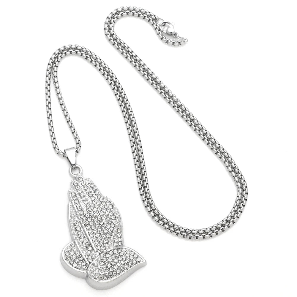 Mans Zinc alloy Heart of Faith Praying Hand Necklace Stainless Steel Box Chain Hip Hop Pendant Jewelry Gift nkeb242