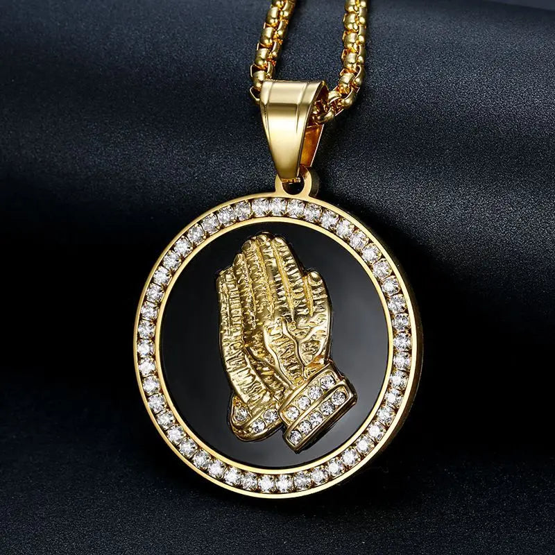 Hip Hop Bling Iced Out Rhinestone Gold Silver Color Stainless Steel Praying Hand Round Pendants Necklace for Men Rapper Jewelry