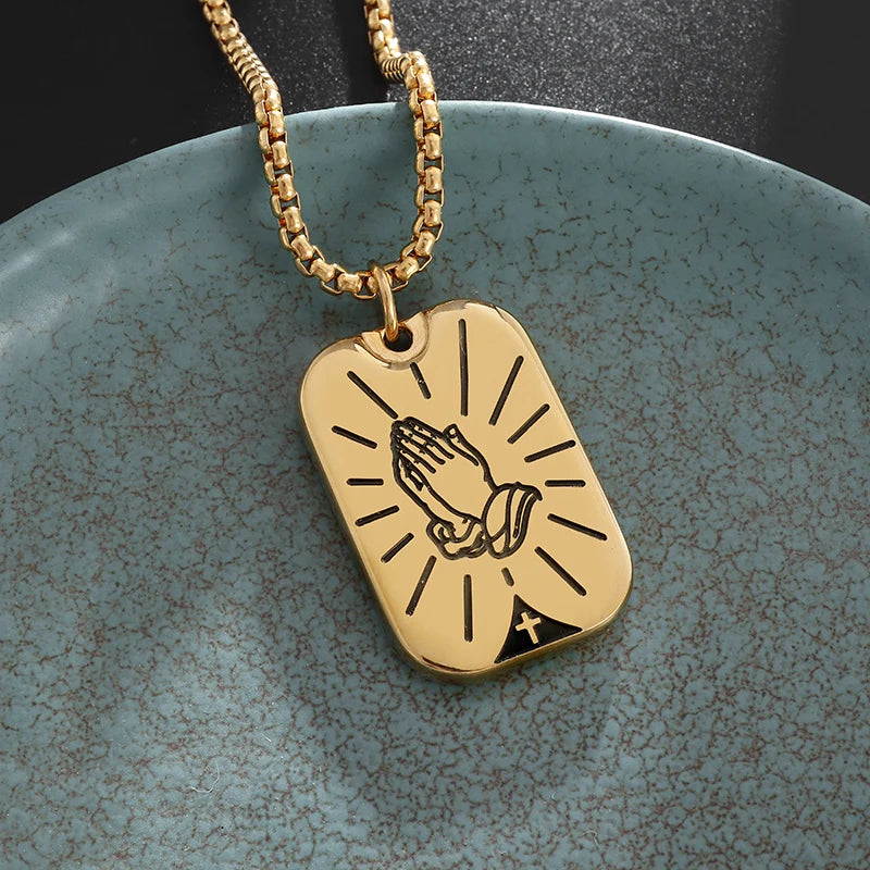 New Classic Stone Pattern Praying Hands Necklace Men's and Women's Faith God Amulet Jewelry Accessories