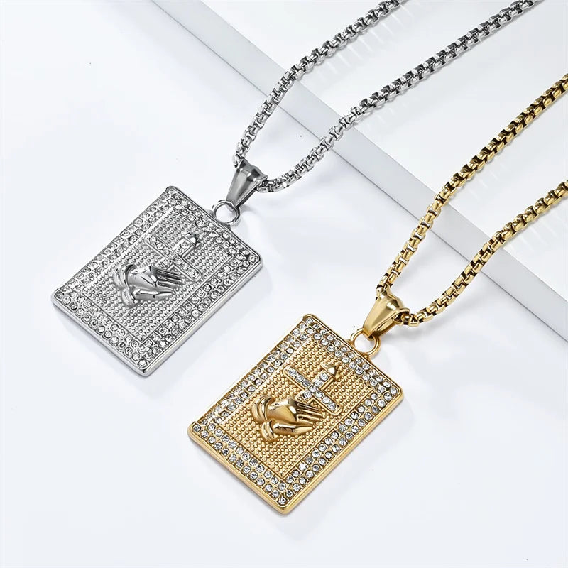 Hiphop Stainless Steel Praying Hands Cross Necklace For Men Iced Out Zircon Geometric Pendant Collar Hombre