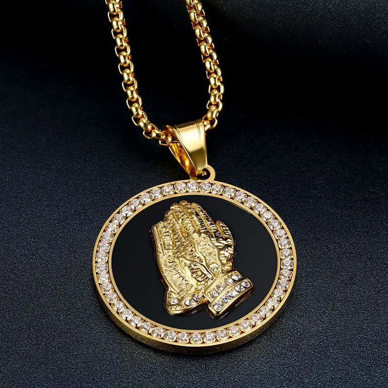 Hip Hop Bling Iced Out Rhinestone Gold Silver Color Stainless Steel Praying Hand Round Pendants Necklace for Men Rapper Jewelry