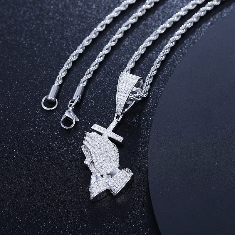 Dropshipping Christmas Jewelry Gift 925 Sterling Silver VVS Moissanite Diamond Bling Cross Pray Hand Pendant Necklace