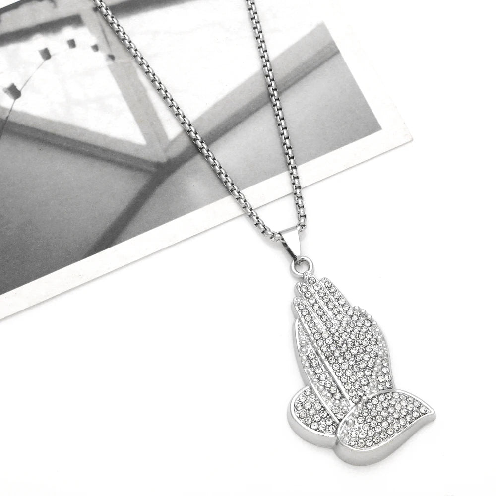 Mans Zinc alloy Heart of Faith Praying Hand Necklace Stainless Steel Box Chain Hip Hop Pendant Jewelry Gift nkeb242