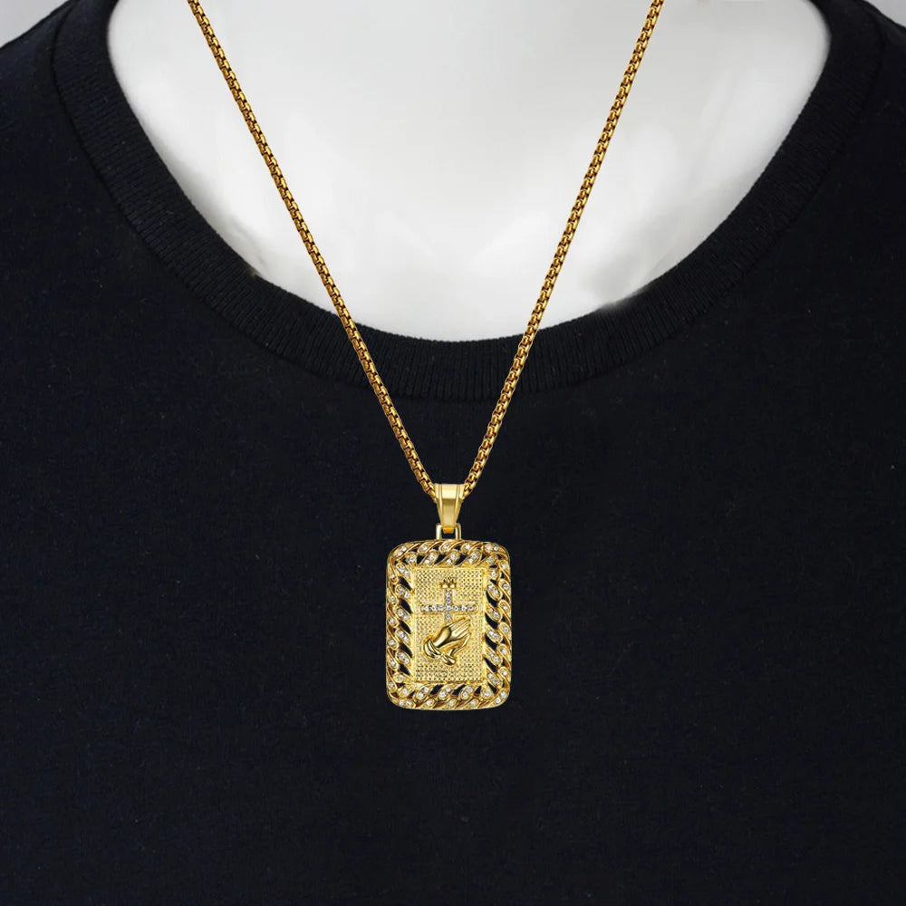 Hip Hop Iced Out Praying Hands Cross Pendant Gold Color Stainless Steel Christian Necklace for Women Men Religious Jewelry Gift