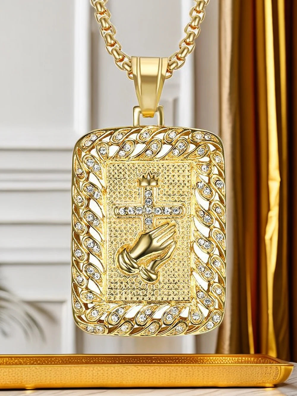 Religious Square Praying Hands Cross Pendant Necklace for Women/Men Gold Color Stainless Steel Christian Necklaces Male Jewelry