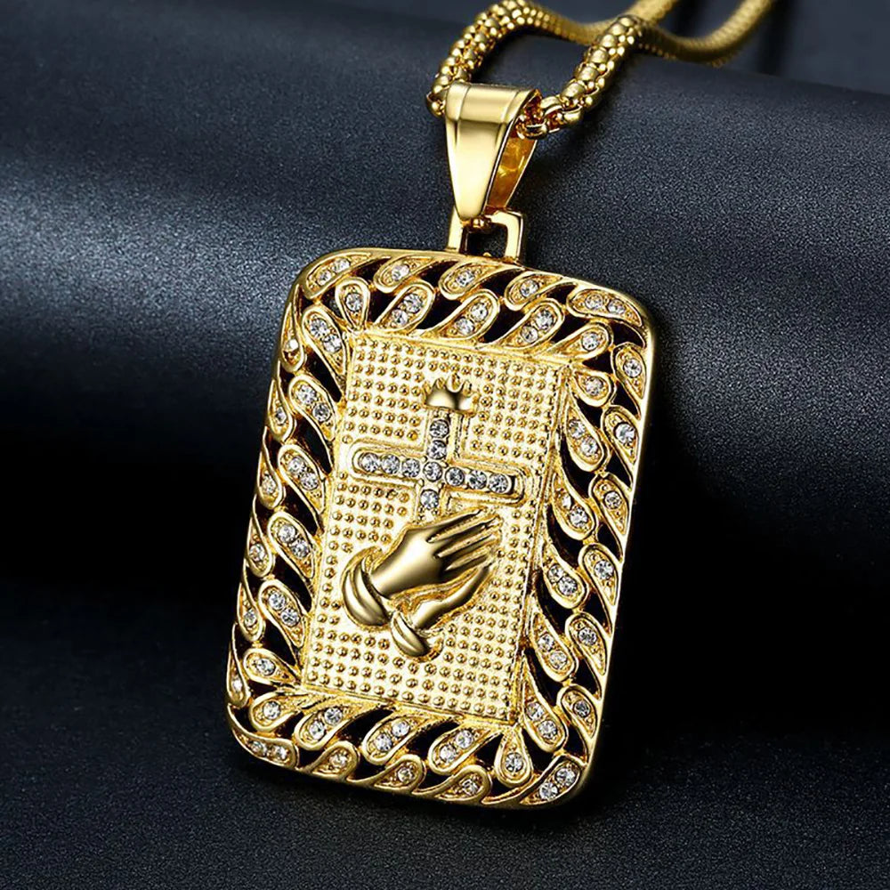 Hip Hop Iced Out Praying Hands Cross Pendant Gold Color Stainless Steel Christian Necklace for Women Men Religious Jewelry Gift
