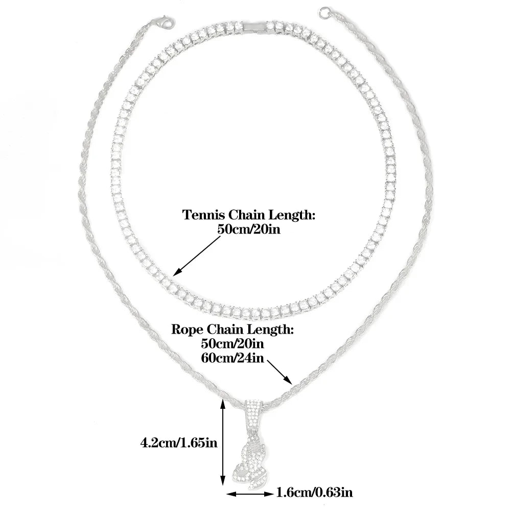 Men's Hip-hop Pendant Necklace Set Stylish Praying Hands Pendant Tennis/Rope Chain Iced Out Inlaid Diamonds Punk Jewelry Gift