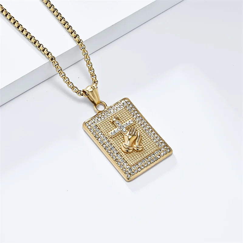 Hiphop Stainless Steel Praying Hands Cross Necklace For Men Iced Out Zircon Geometric Pendant Collar Hombre