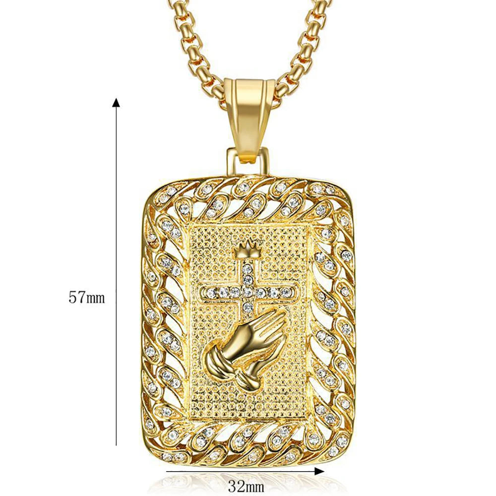 Religious Square Praying Hands Cross Pendant Necklace for Women/Men Gold Color Stainless Steel Christian Necklaces Male Jewelry