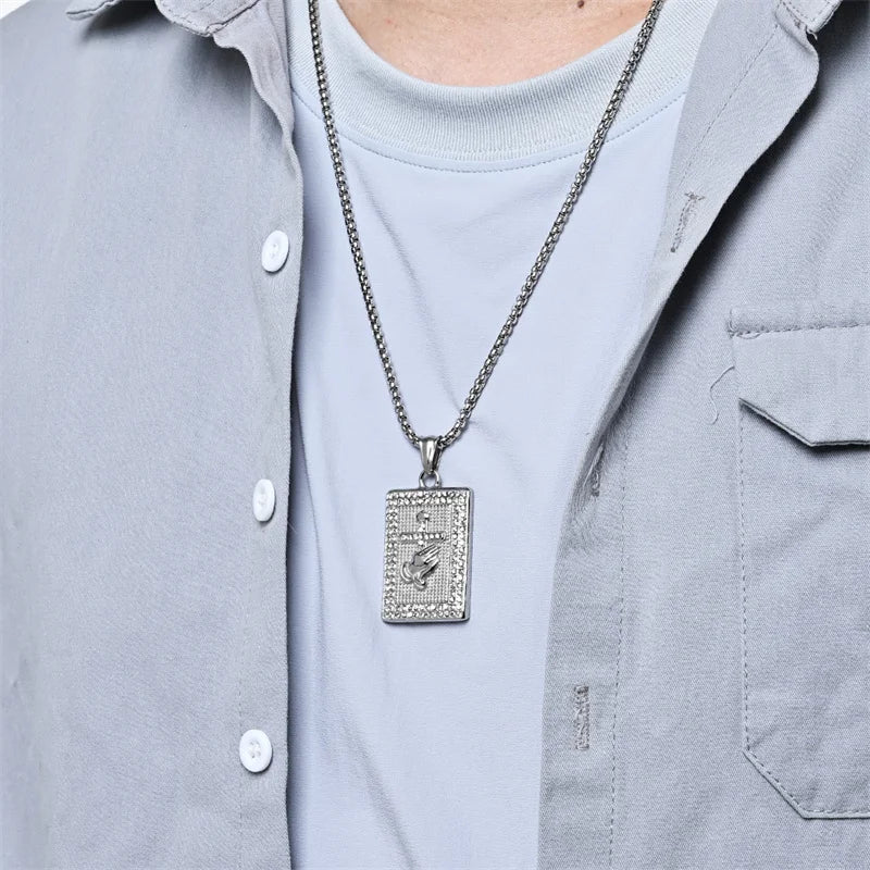 Hiphop Stainless Steel Praying Hands Cross Necklace For Men Iced Out Zircon Geometric Pendant Collar Hombre